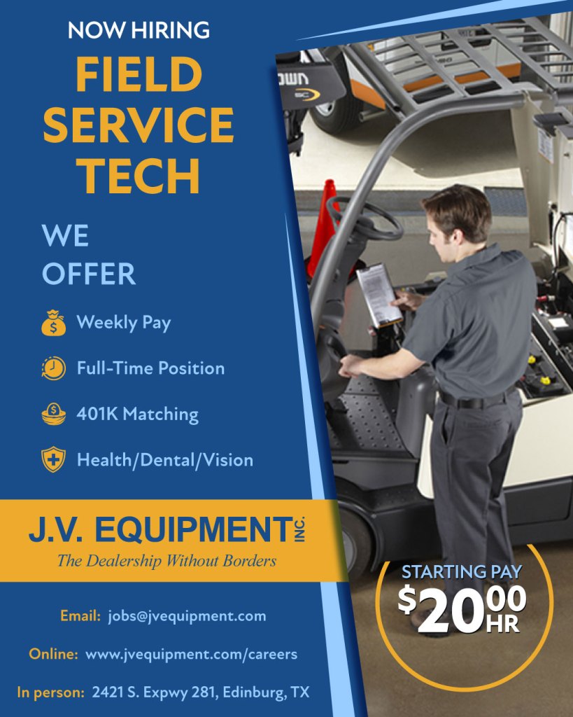 jv equipment edinburg tx has forklifts for sale and is now hiring a forklift technician.